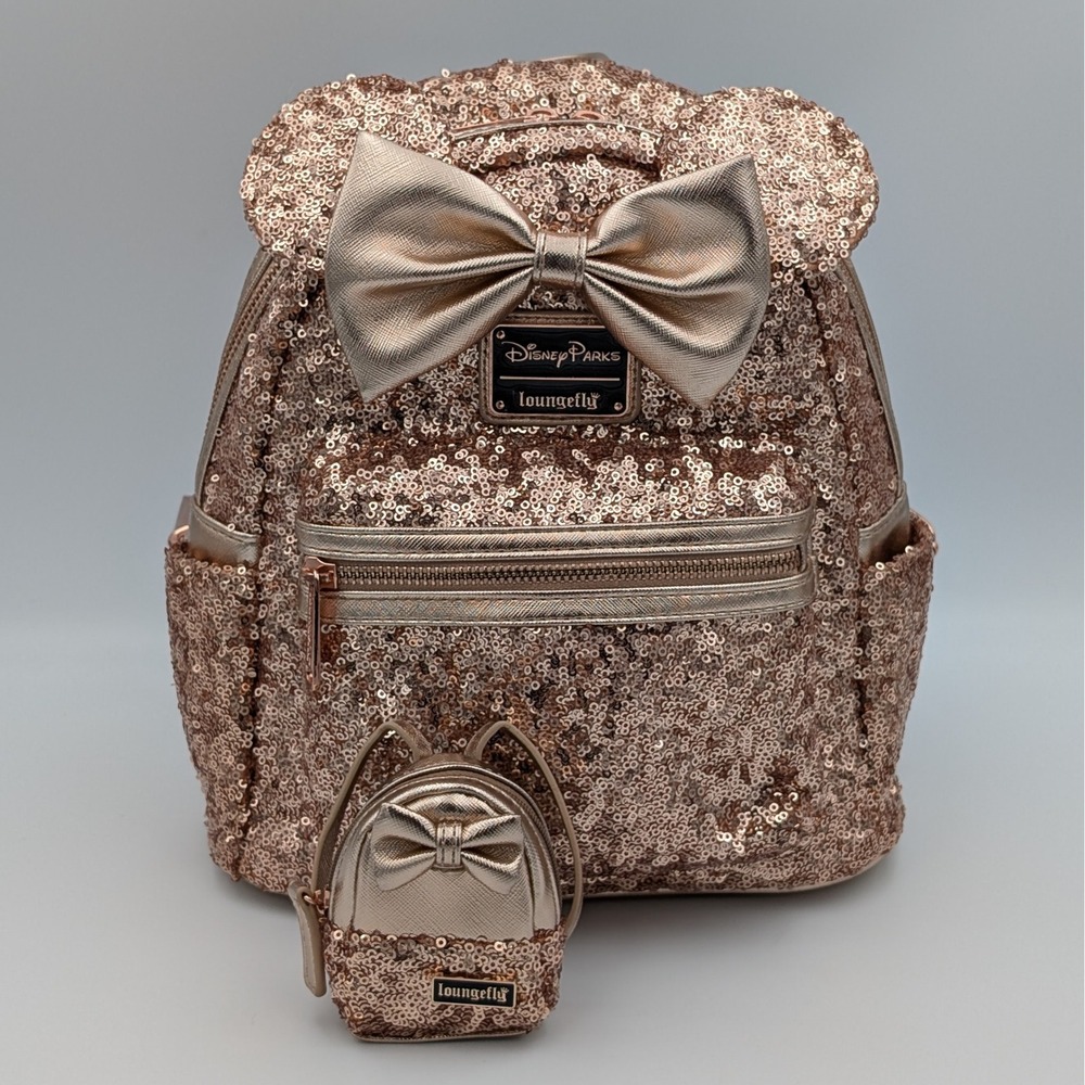 Disney Parks Loungefly Briar Rose Gold Sequin Minnie Mini Backpack w/ nuiMOs Bag